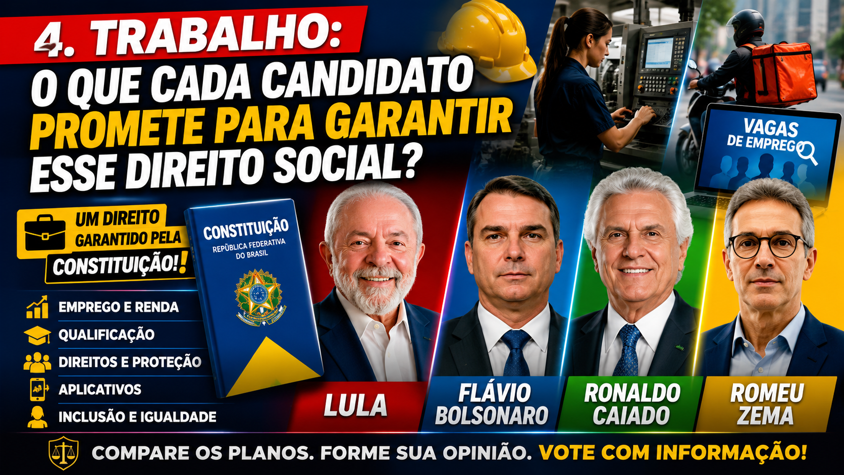 Trabalho: 4 Candidatos e 1 Direito Social — o que Lula, Flávio Bolsonaro, Caiado e Zema propõem